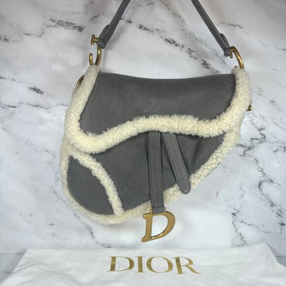 Christian Dior Shearling Saddle Bag Gray Shoulder Purse Suede/Gold CD Rare Auth - Picture 16 of 16